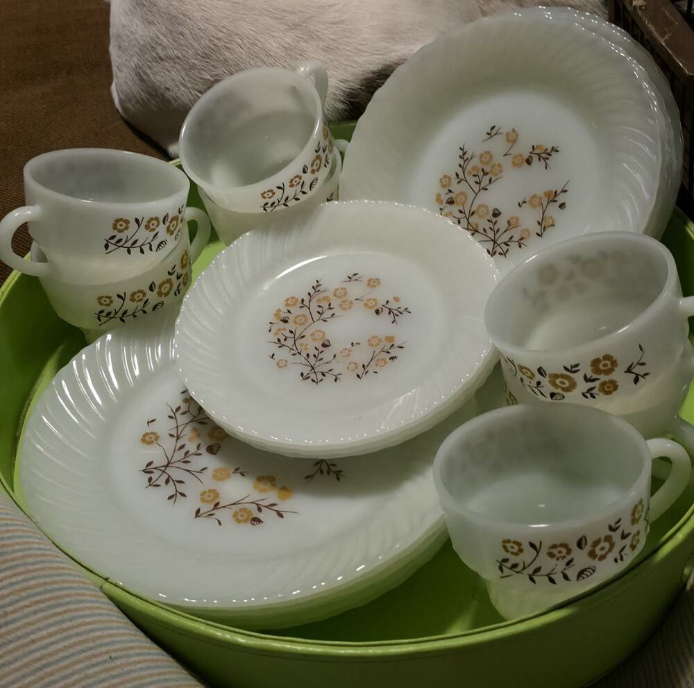 Vintage Termocrisa Milk Glass Brown Gold Harvest Flowers Mex Retro Dishes Set